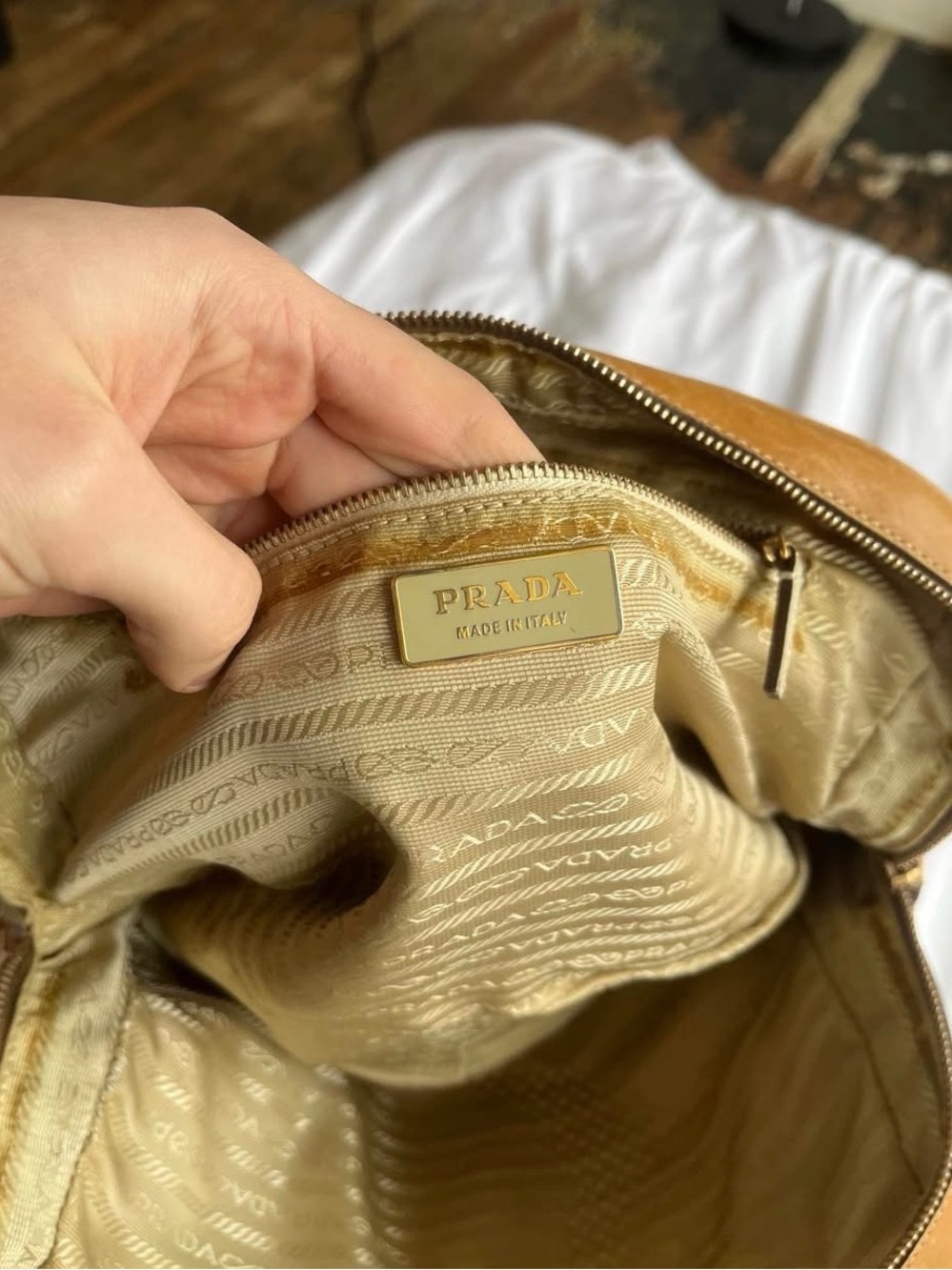 Prada Tan and Cream Perforated Shoulder Bag - Picture 8 of 8